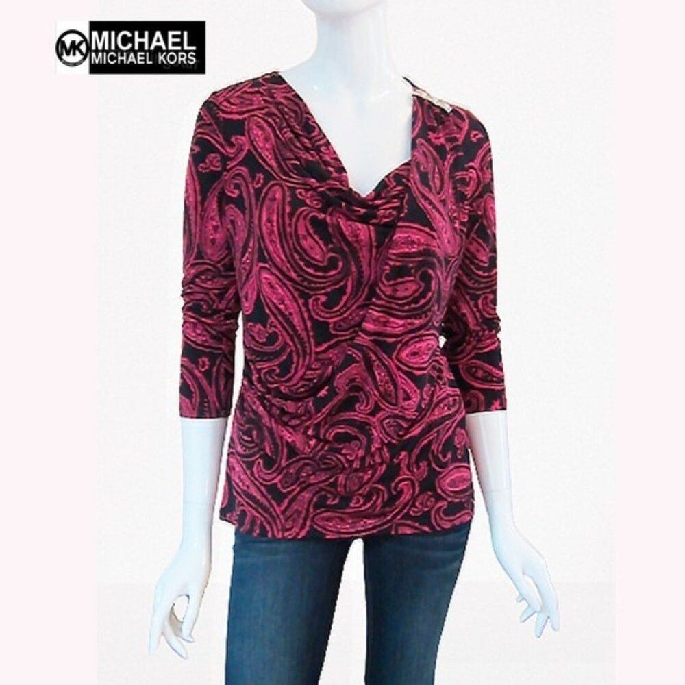 MICHAEL Michael Kors NWT Paisley Cowl Neck Silver Bar 3/4 Sleeve Blouse | S